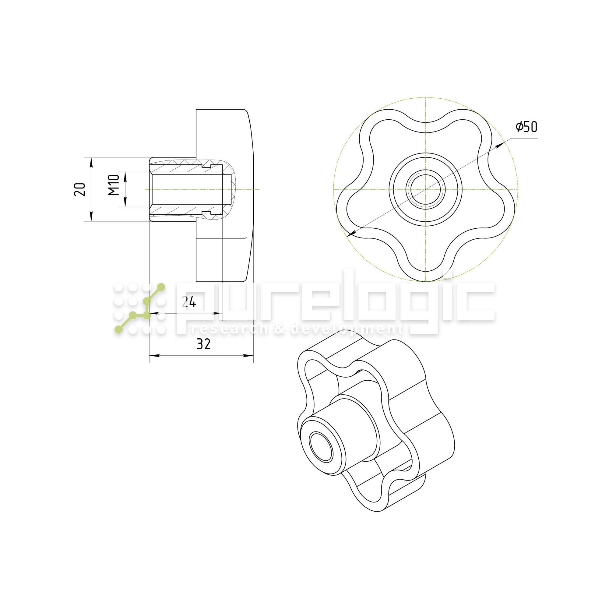 Ручка пятилепестковая 100208-50*M10 231 Ручка пятилепестковая 100208-50*M10 фото